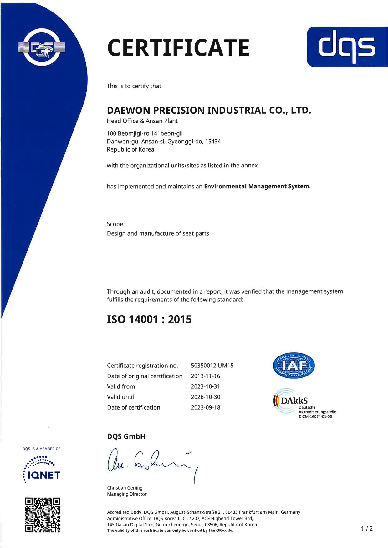 ISO 14001 certificate